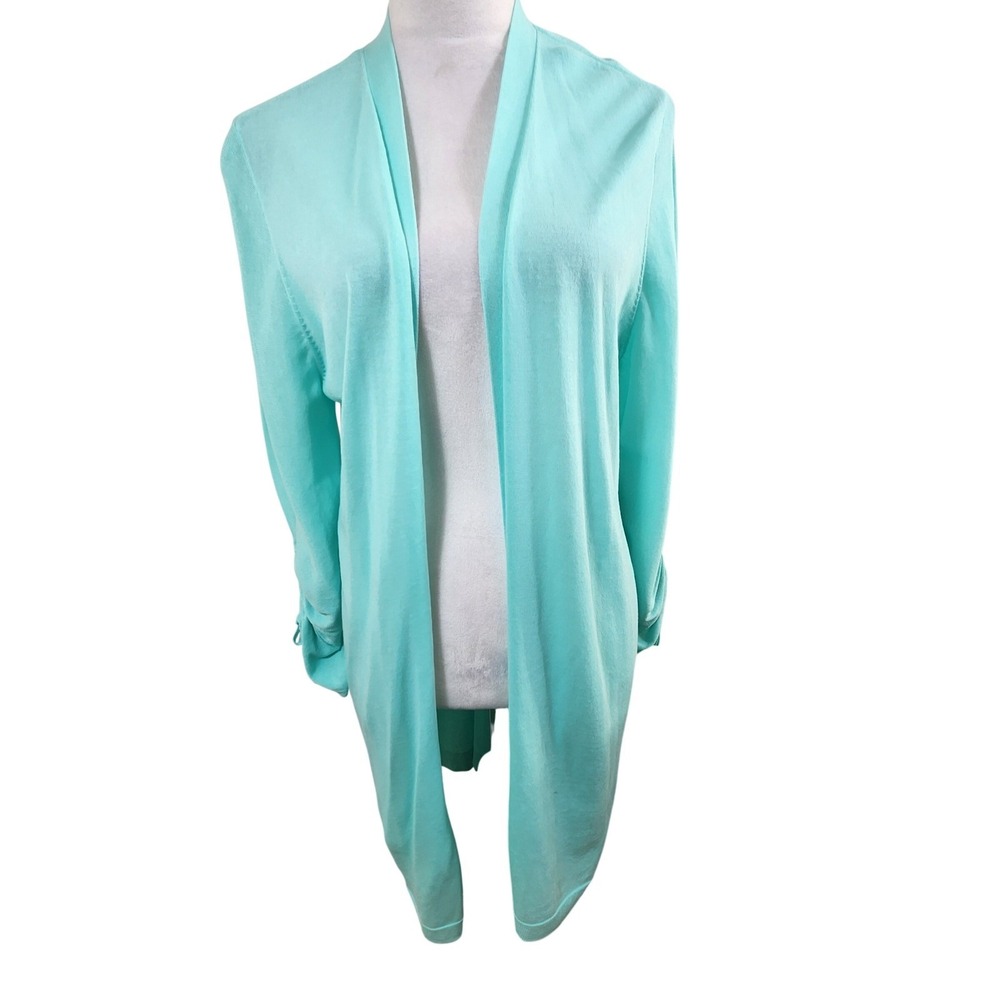 Chico's 2 Seafoam Green Open Front Longline Cardigan Sweater Ruched Sleeve Sz L - Picture 1 of 8